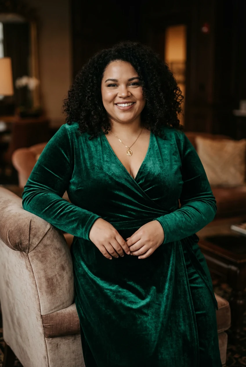 closeup plus-size female in emerald velvet wrap dress