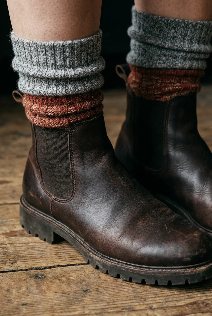 closeup chunky Chelsea boots with grippy soles, double socks