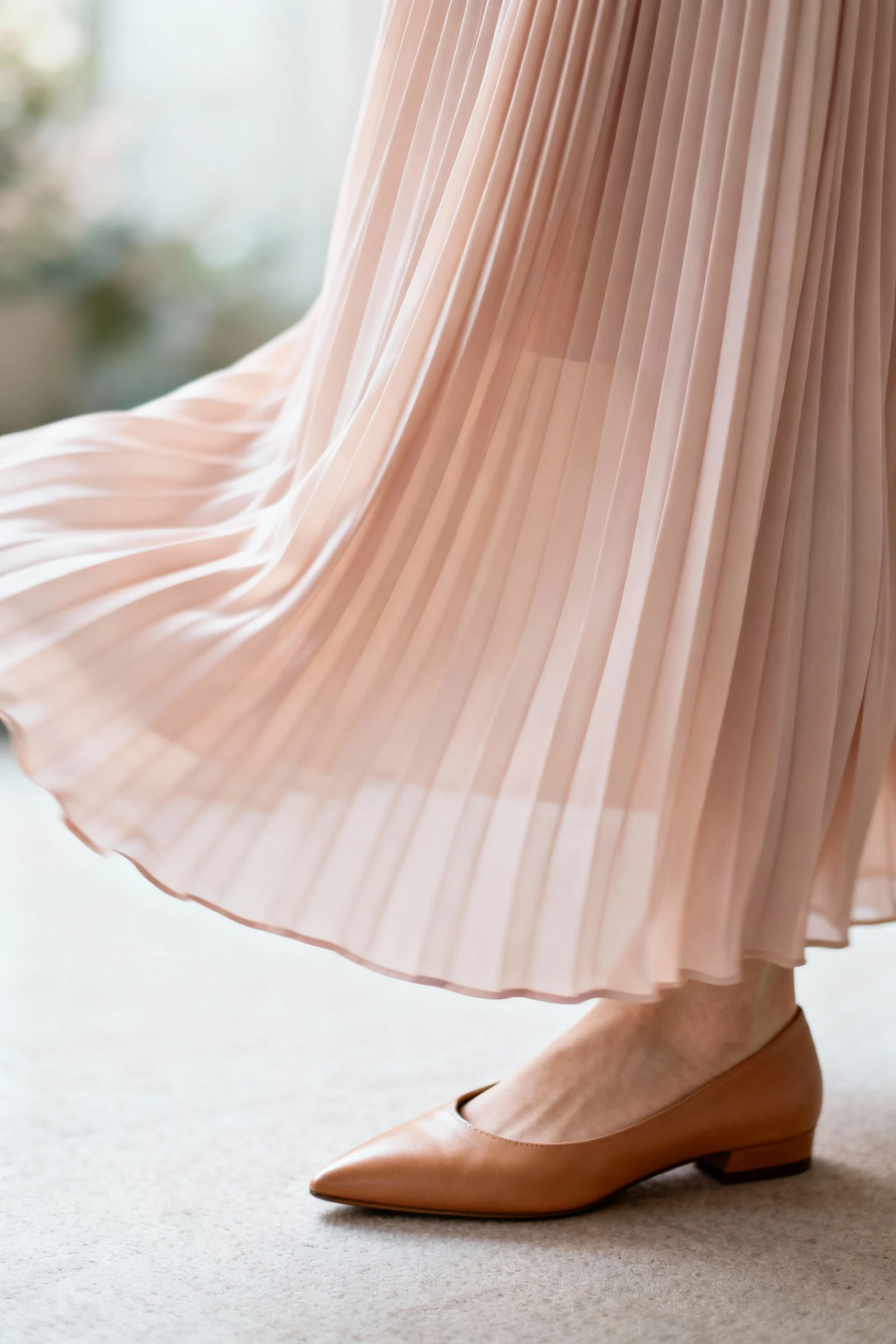 closeup of pleated pastel midi skirt fabric flowing beside tan pointed flats