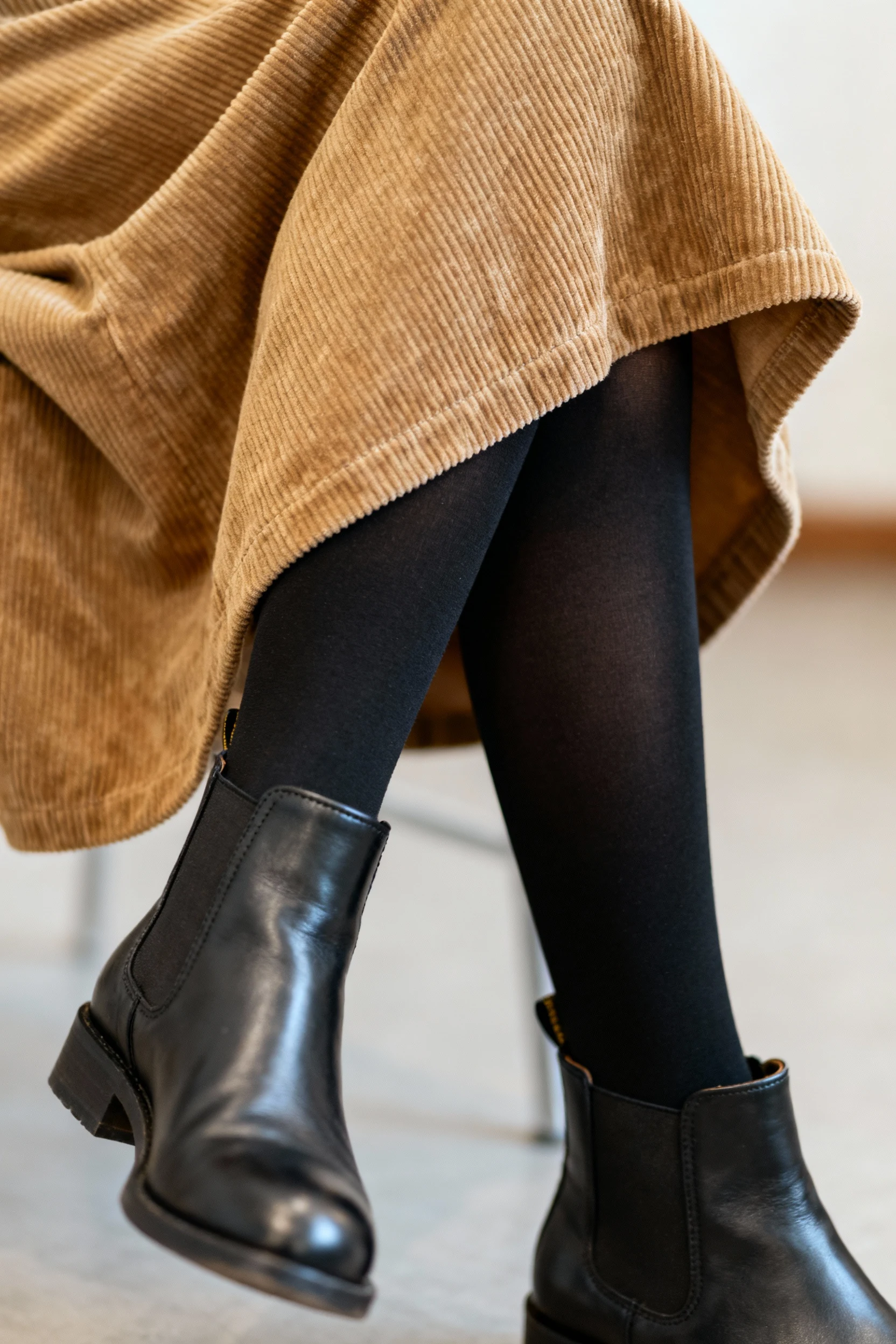 closeup black opaque tights, Chelsea boots, tan corduroy skirt