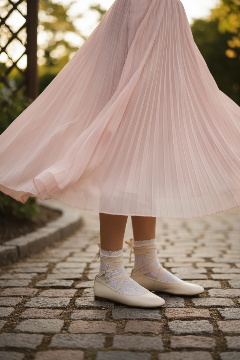 closeup of pleated chiffon midi skirt swaying beside lace-trim ankle socks and ballet flats