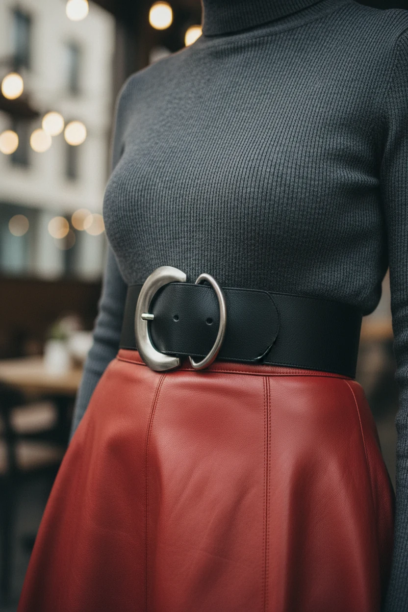 closeup of black statement belt cinching fitted turtleneck into high waisted red leather skirt