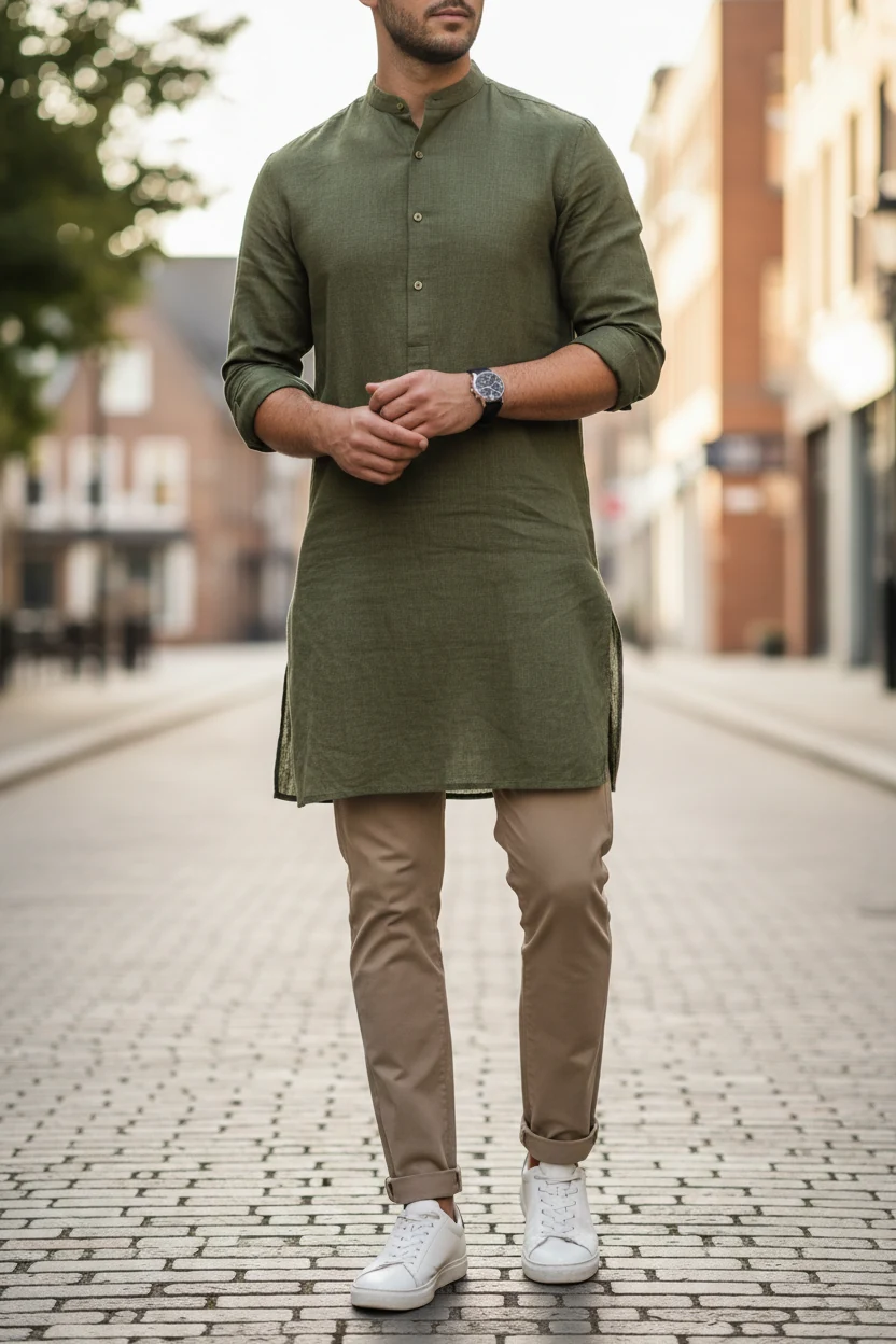 mandarin collar olive kurta with rolled slim chinos and sneakers