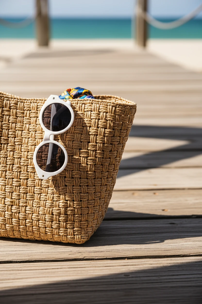 closeup of woven structured straw tote with retro sunglasses tucked inside on wooden boardwalk