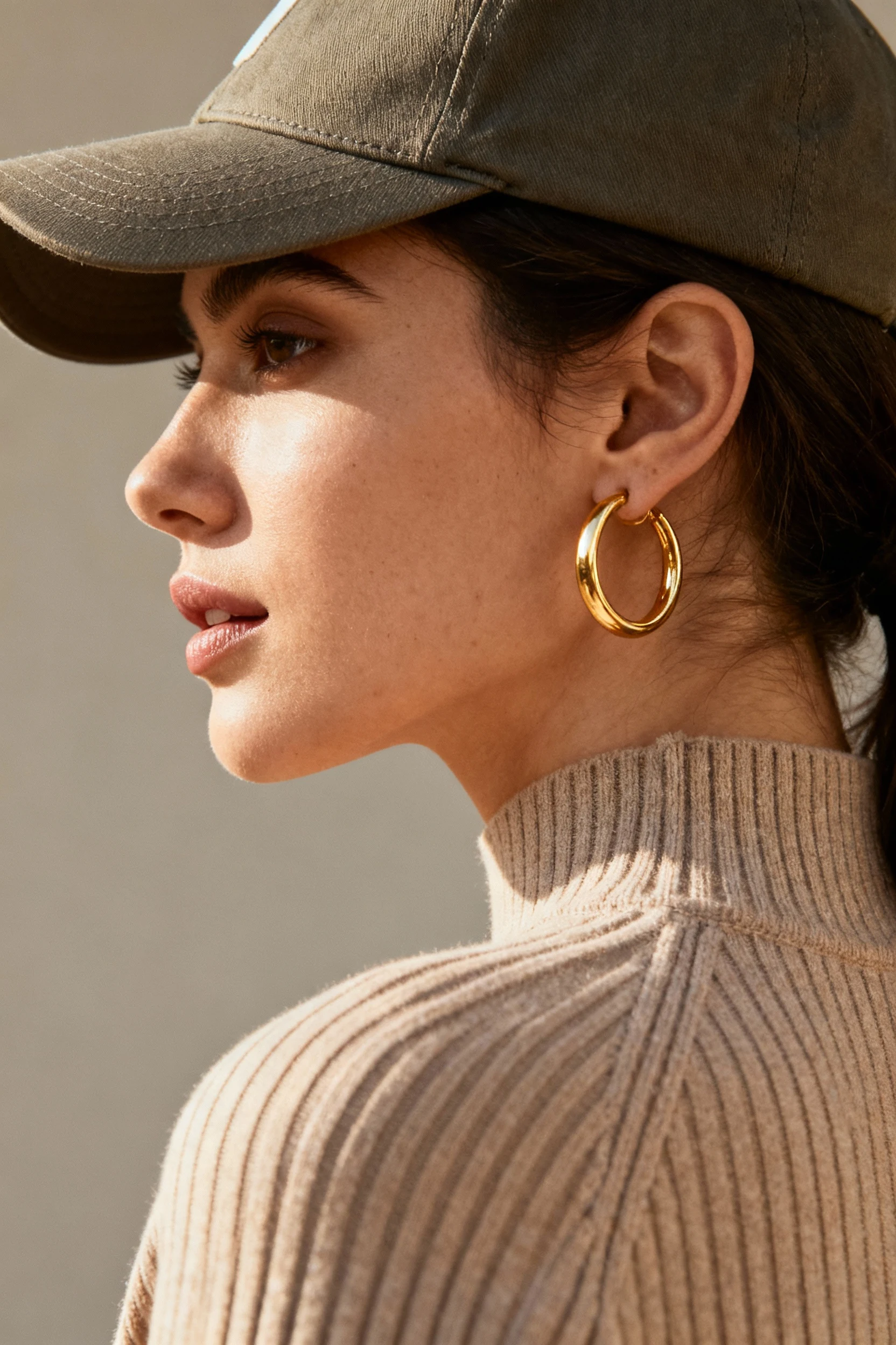 closeup female profile, baseball cap, gold hoops, ribbed knit set