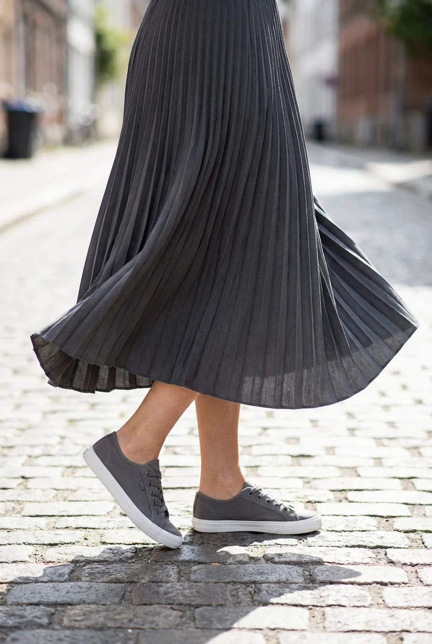 pleated midi skirt swishing with matching low-profile sneakers, closeup