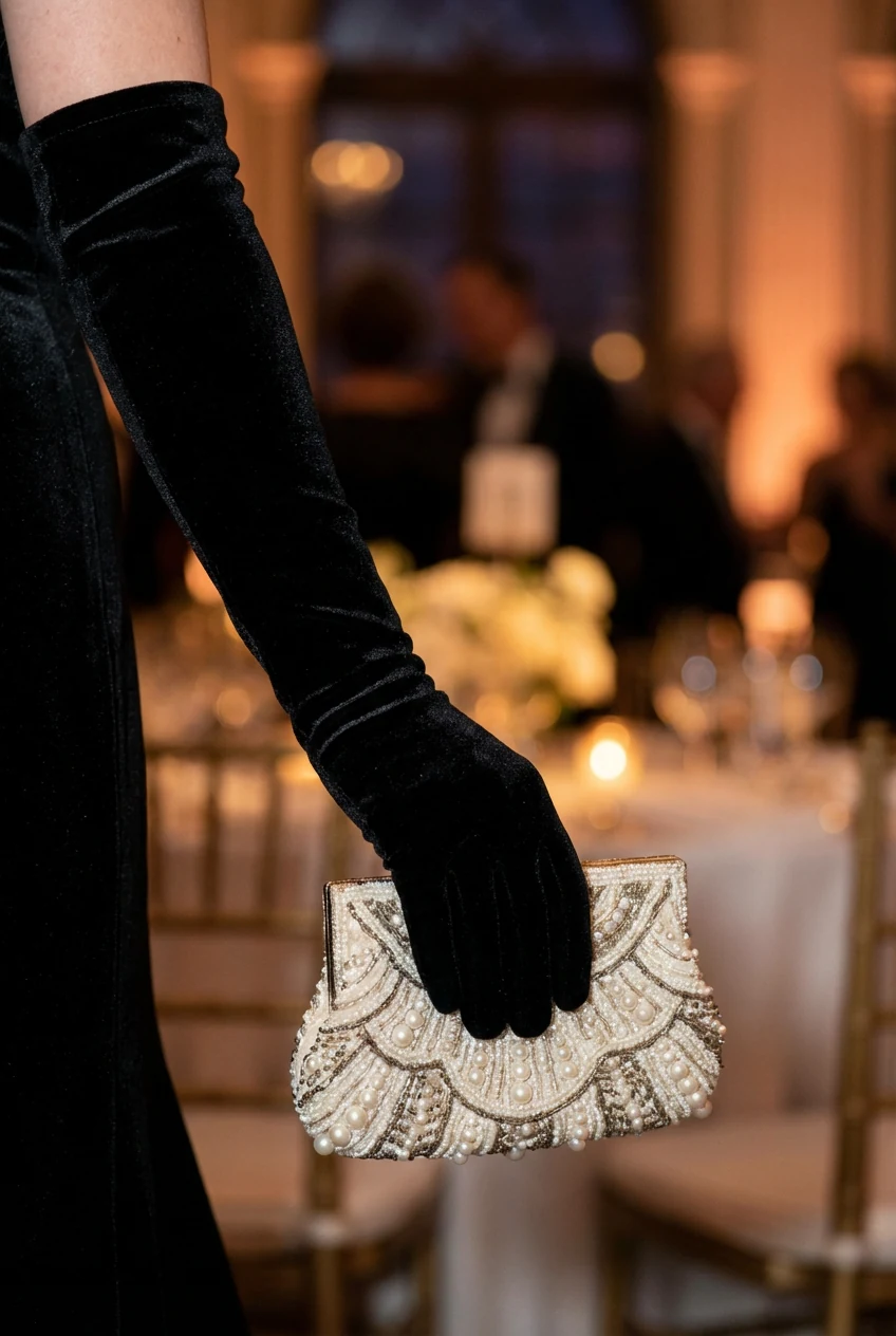 female hand in opera glove holding beaded clutch