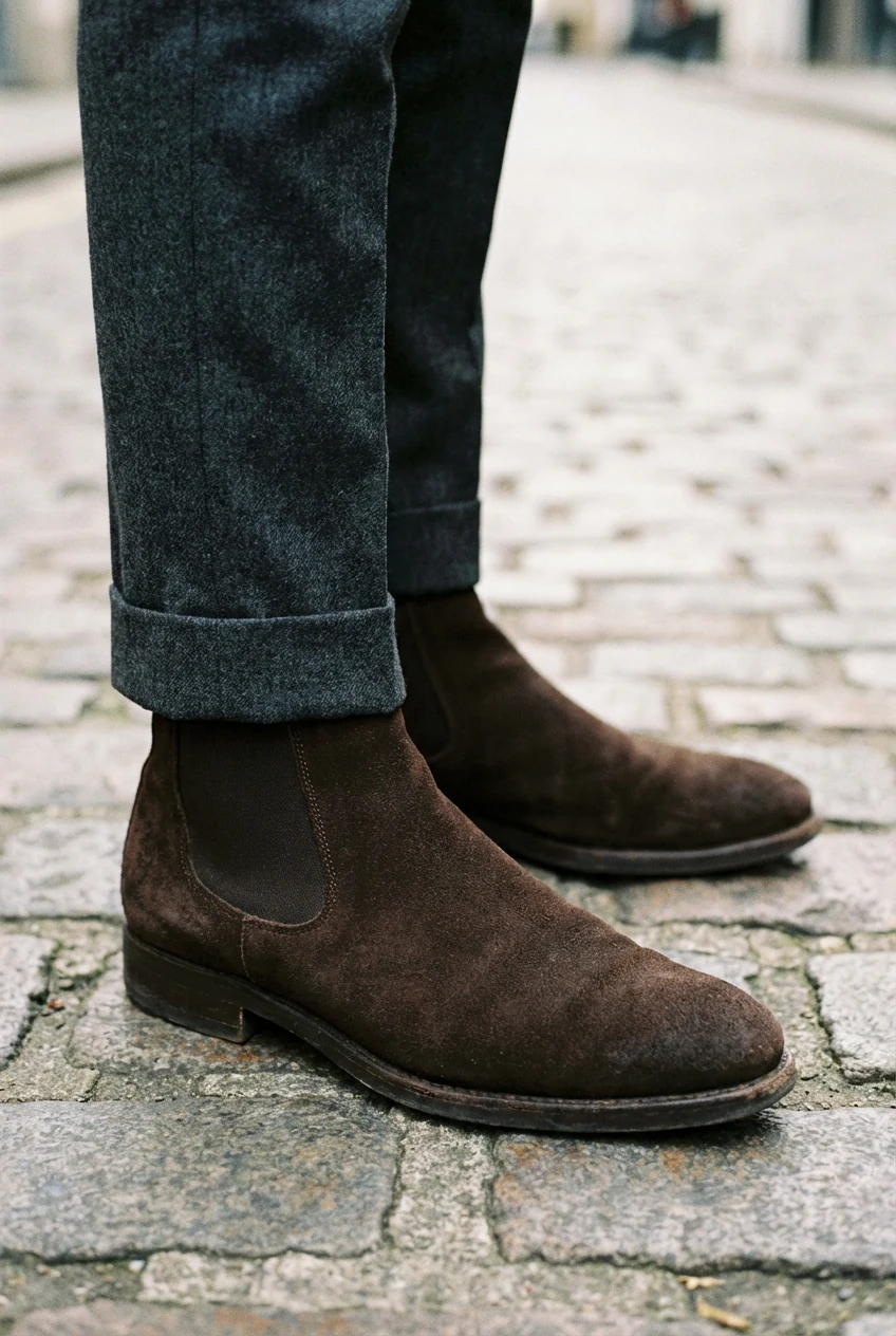 closeup suede Chelsea boots with tailored grey trousers