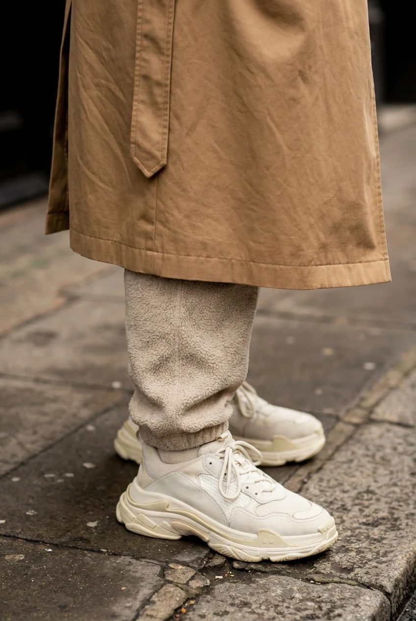 closeup camel trench hem over oatmeal sweat set, dad sneakers