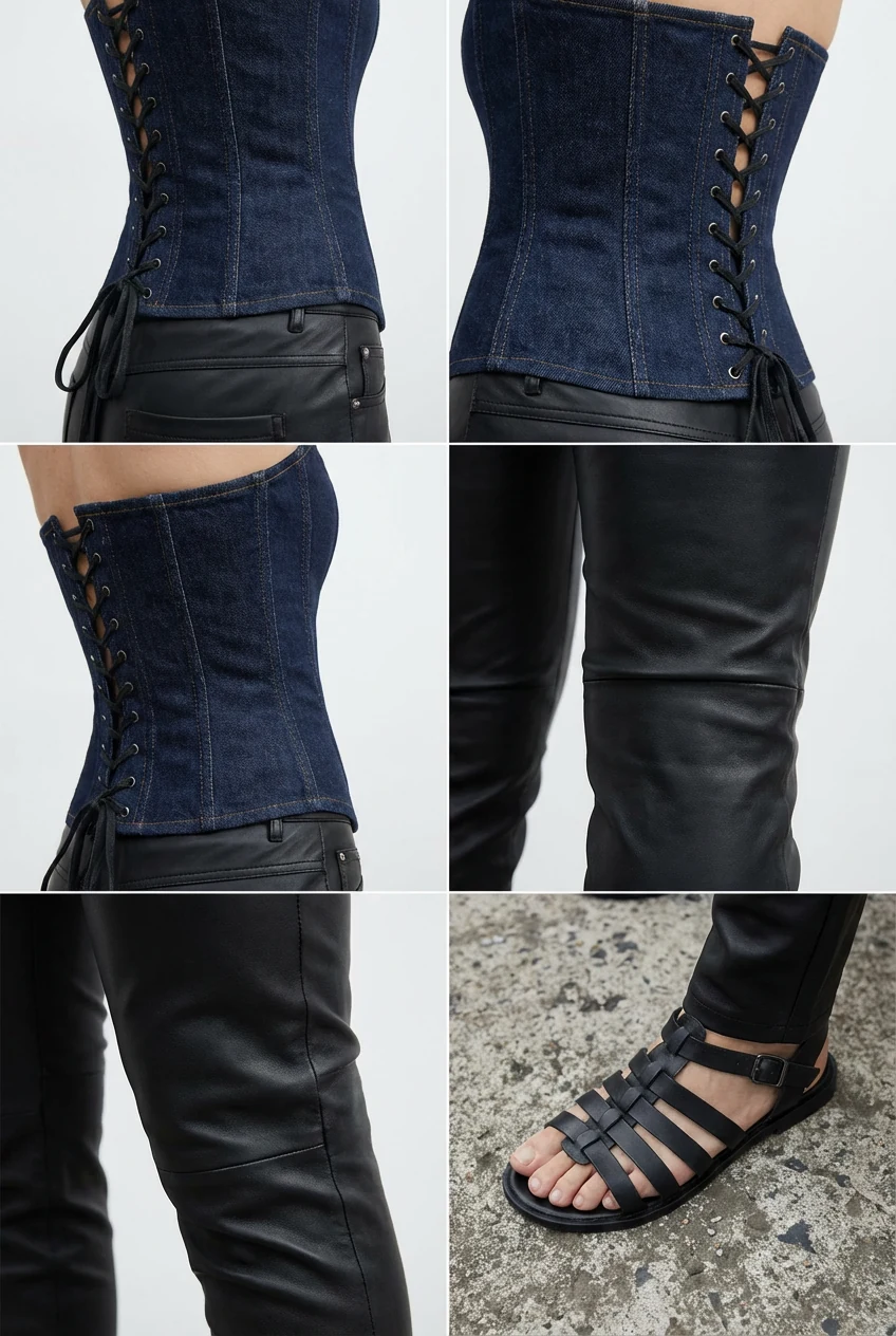 closeup leather pants with stretch, dark-wash denim corset, strappy sandals