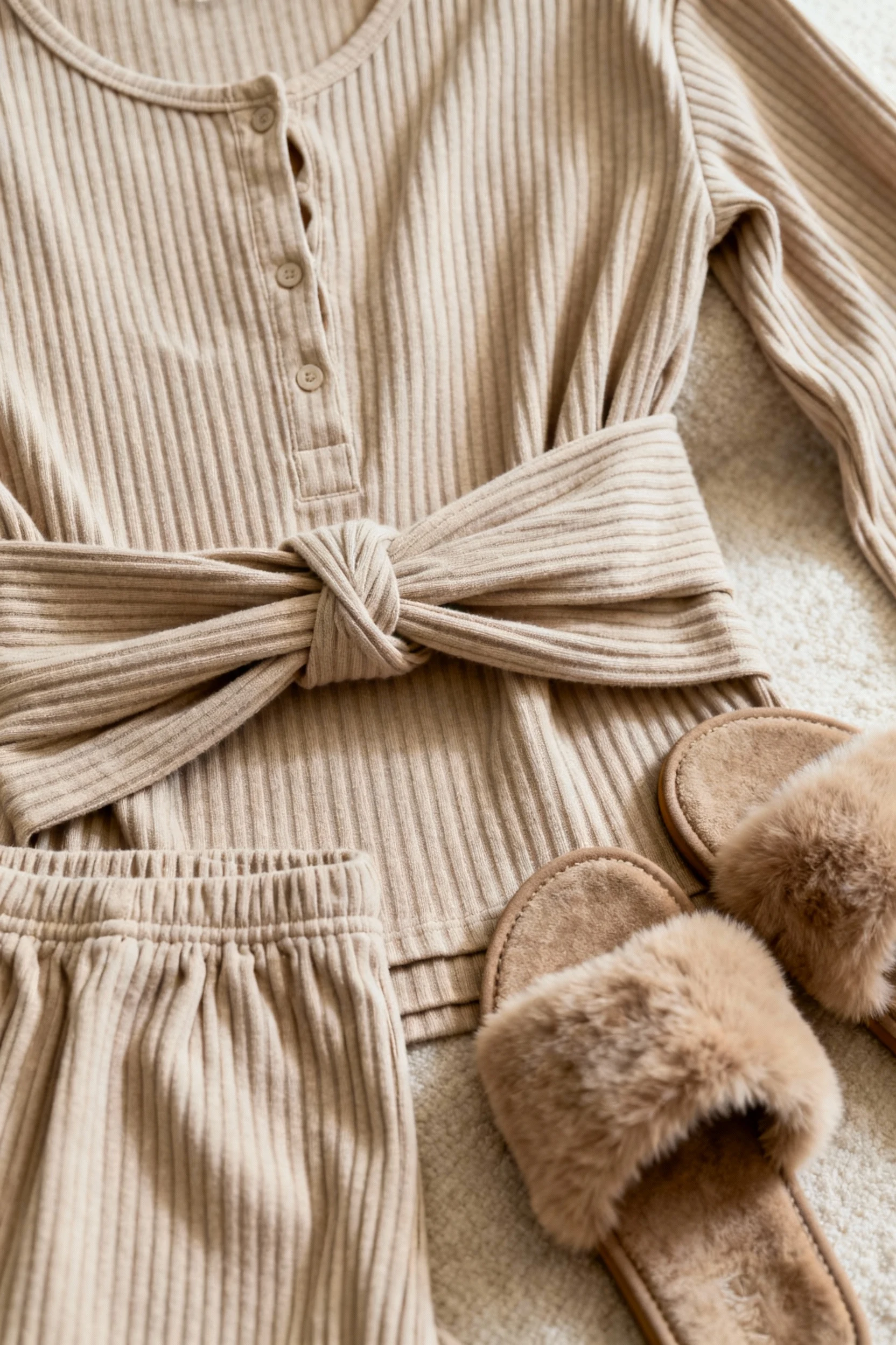 closeup ribbed lounge set front-tuck, faux-fur slide slippers