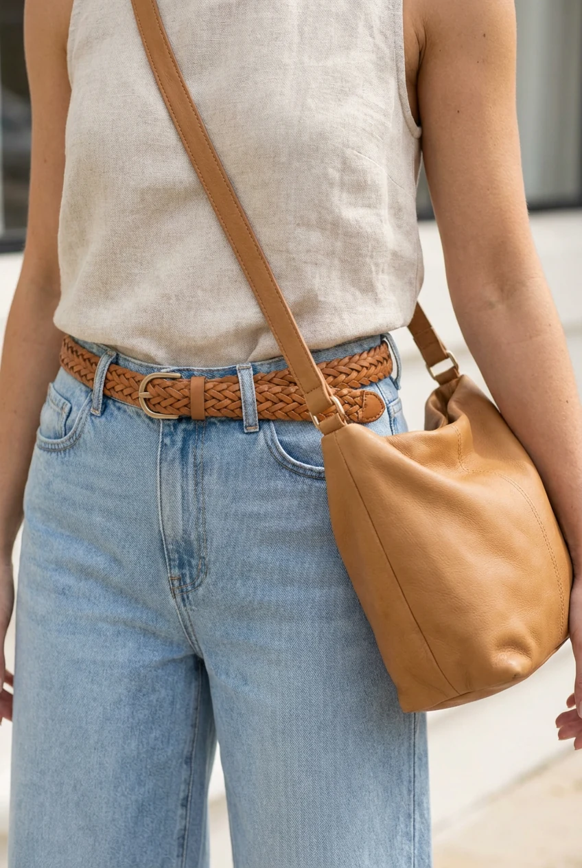 Closeup linen sleeveless shell, tan belt, camel bag, wide-leg jeans