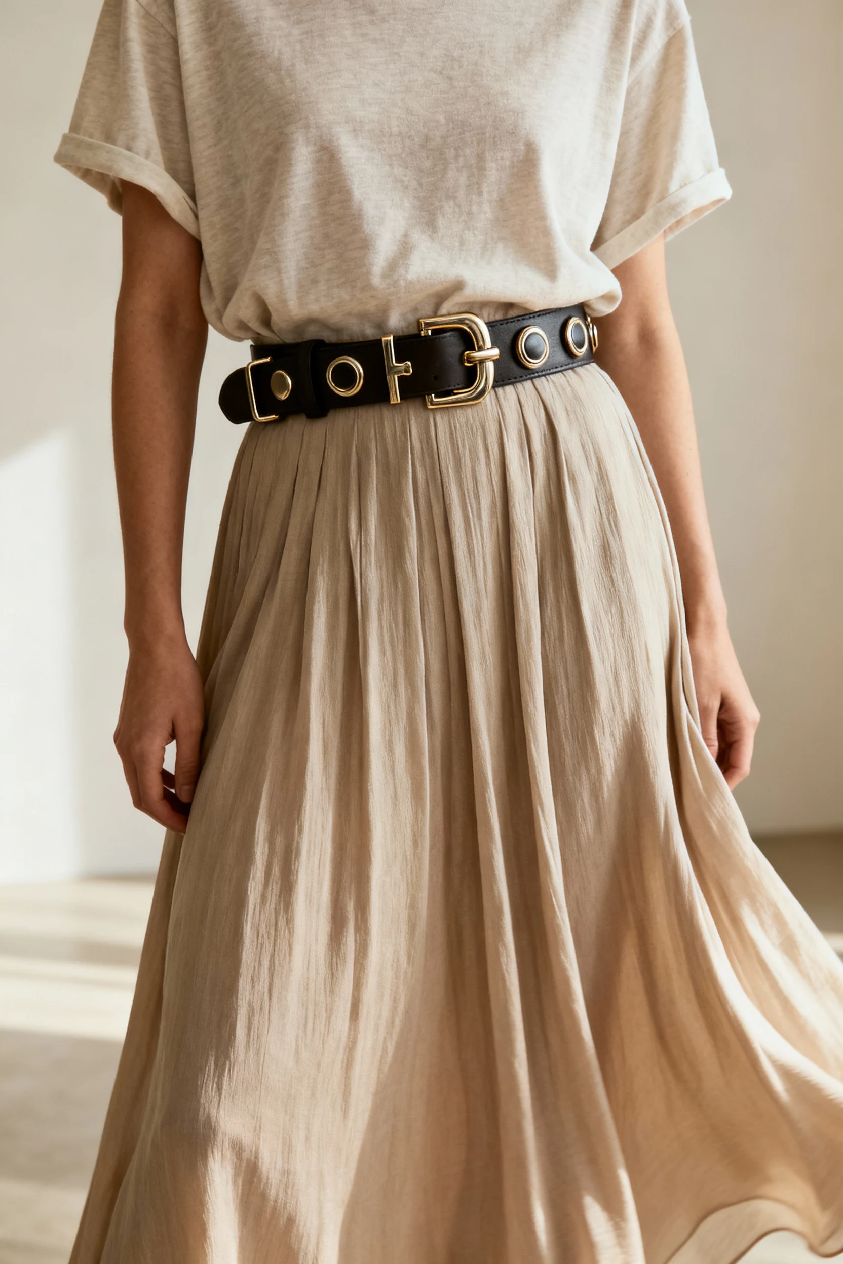 closeup of statement belt cinching tee, flowy maxi skirt