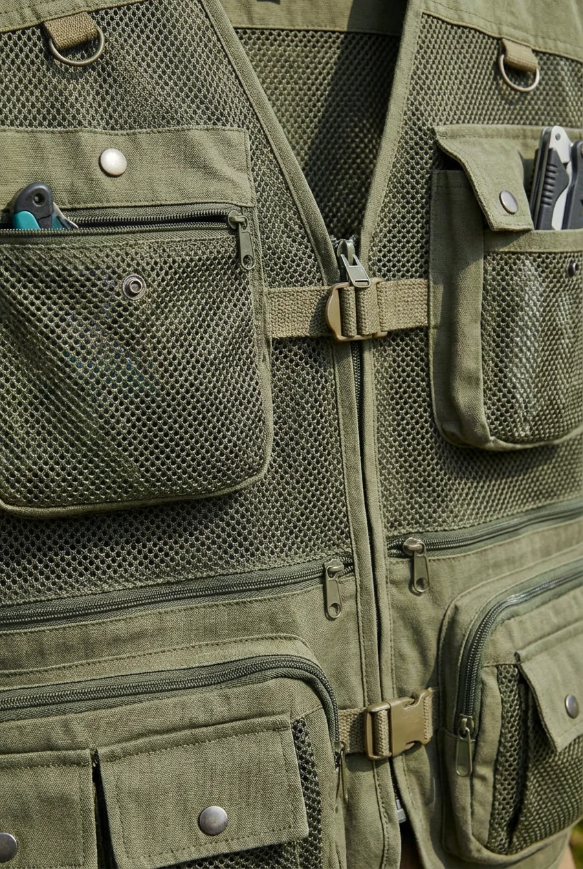 closeup of male olive utility vest mesh pockets, buckles