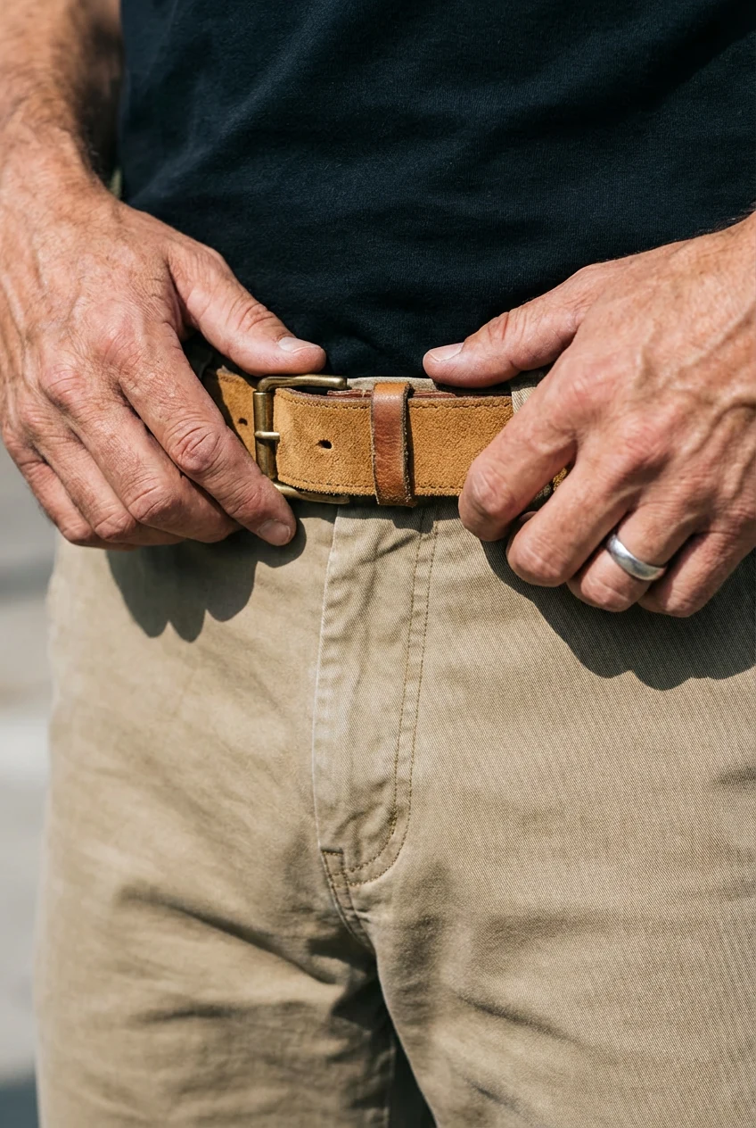 closeup male hands adjusting camel suede belt, khaki chinos