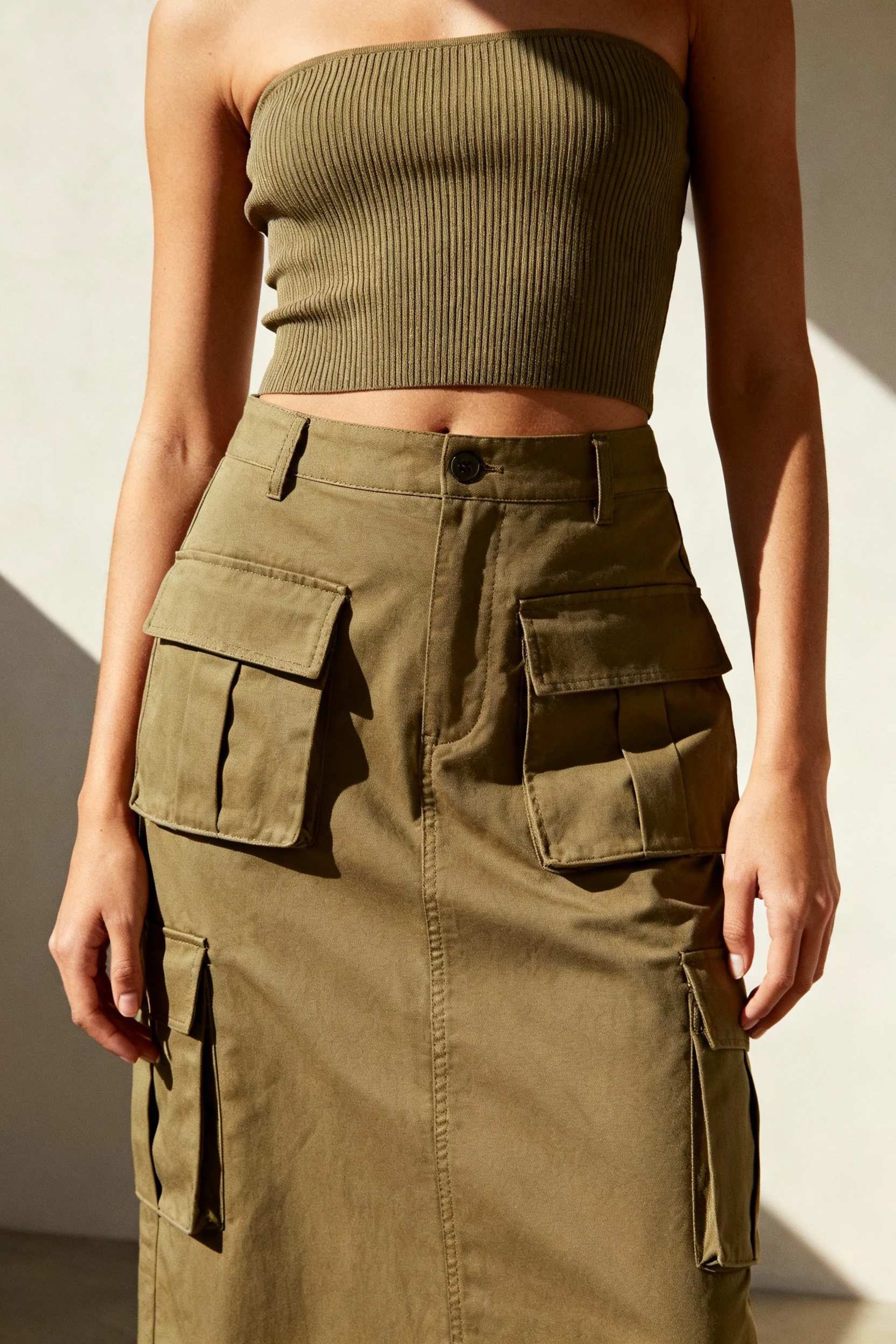 closeup khaki cargo midi skirt pockets, ribbed tube top