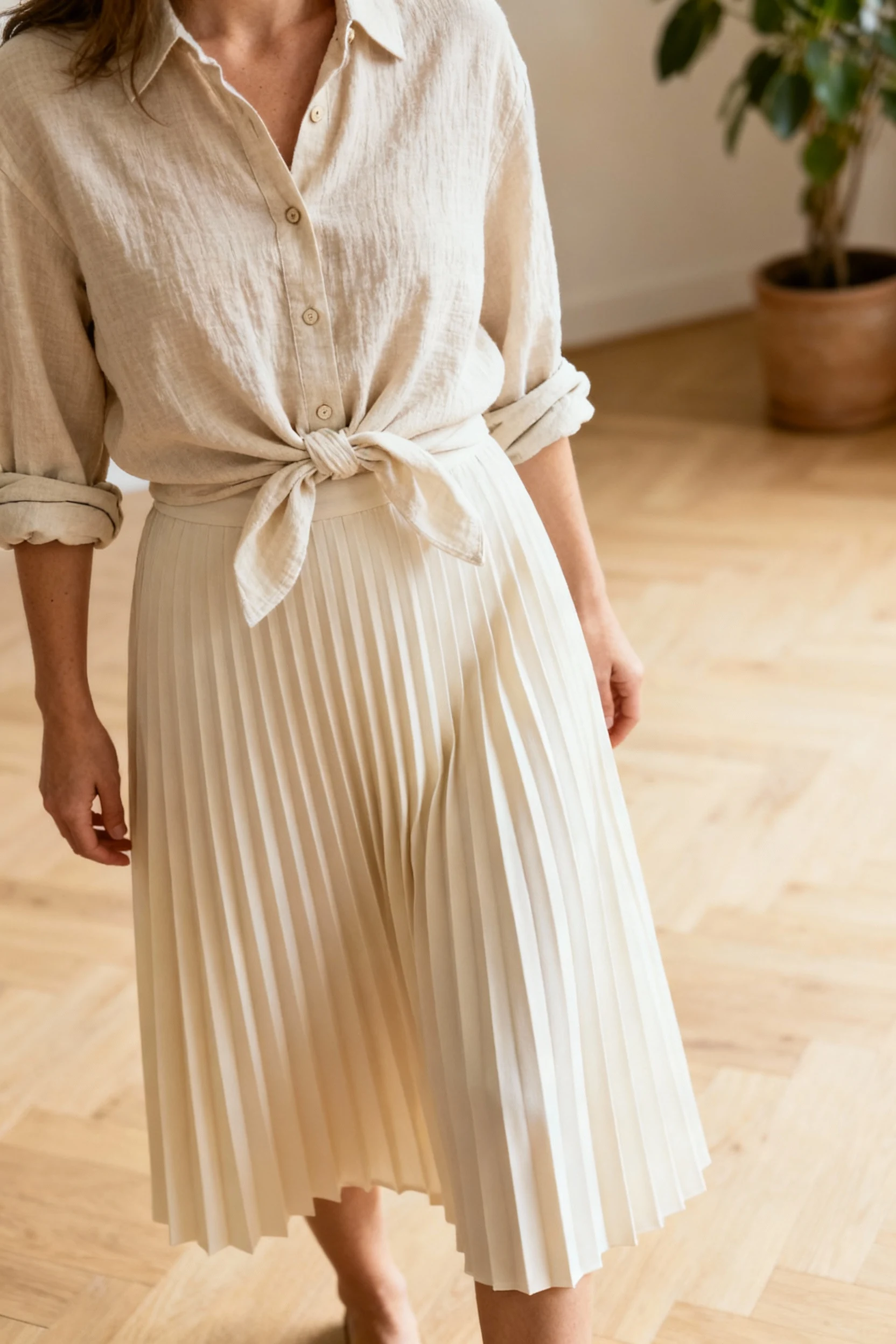 Button-down tied at waist, rolled sleeves, pleated midi skirt