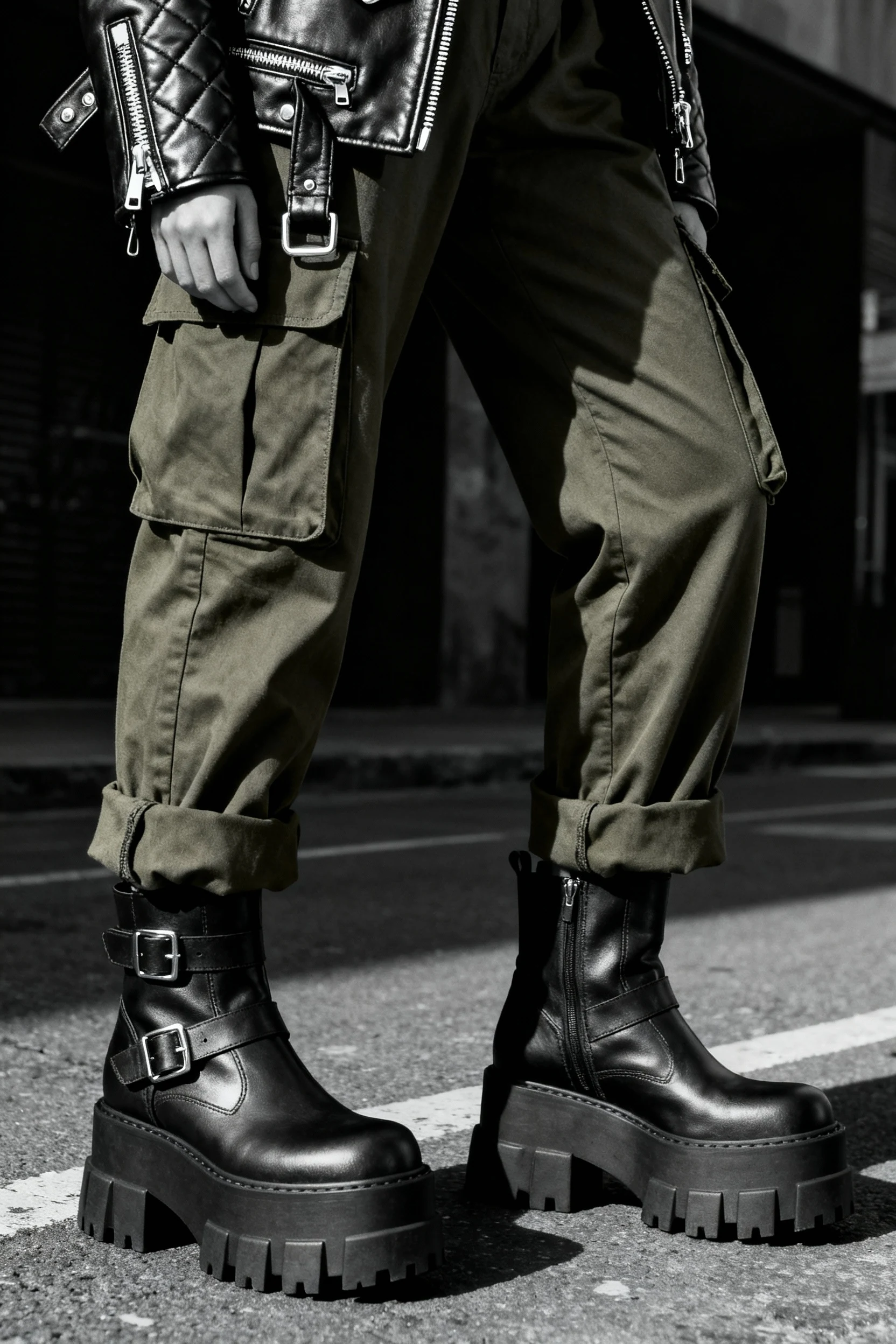 closeup female platform boots with cuffed cargos, leather moto jacket