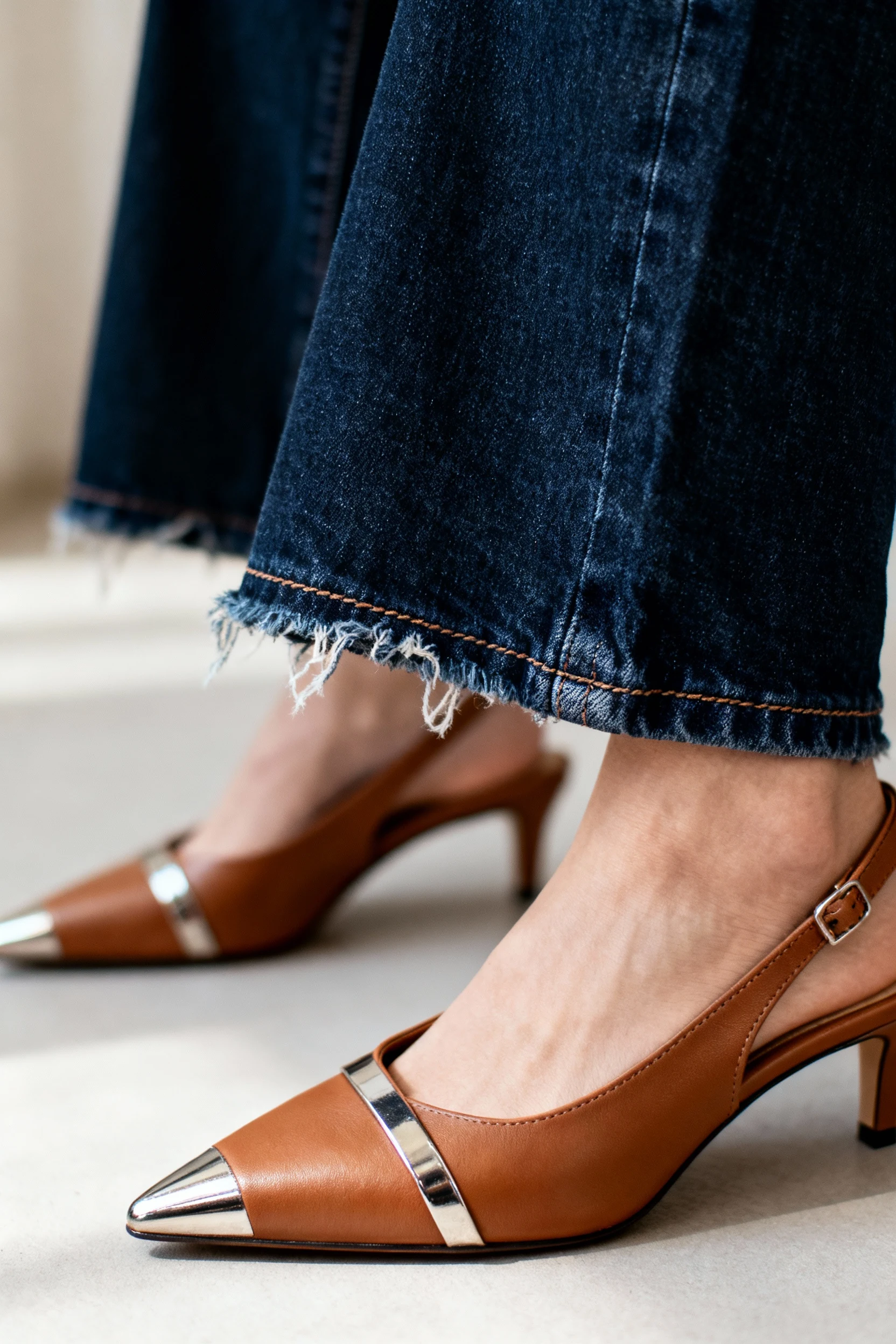 closeup of dark-wash jeans hem above slingbacks