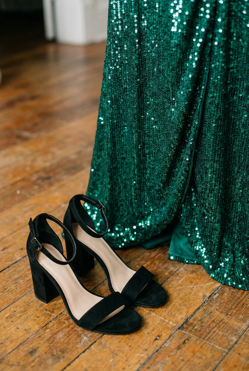 closeup block heels beside sequin wrap dress hem