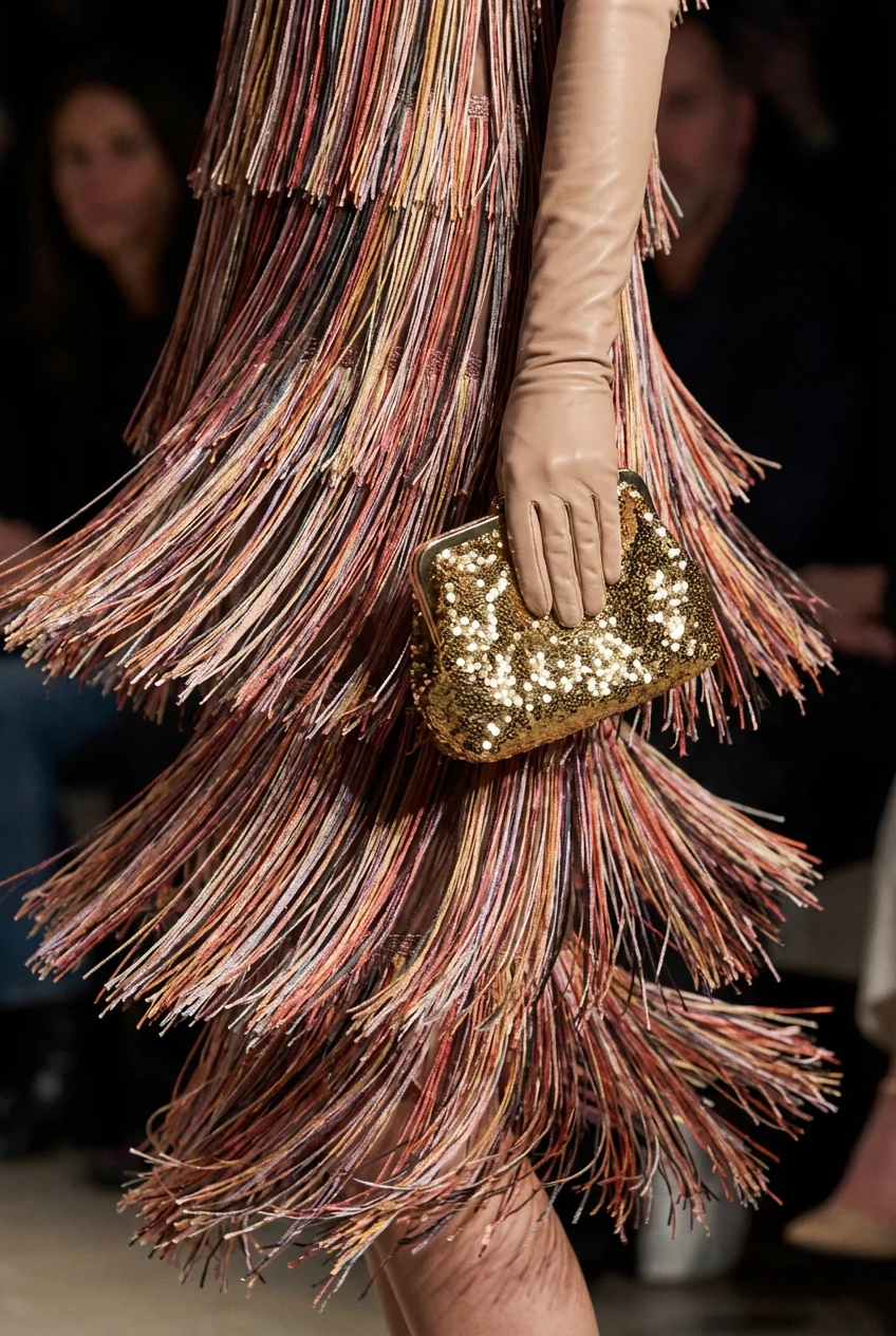 closeup fringe dress layers mid-swish, female hand holding glitter bag