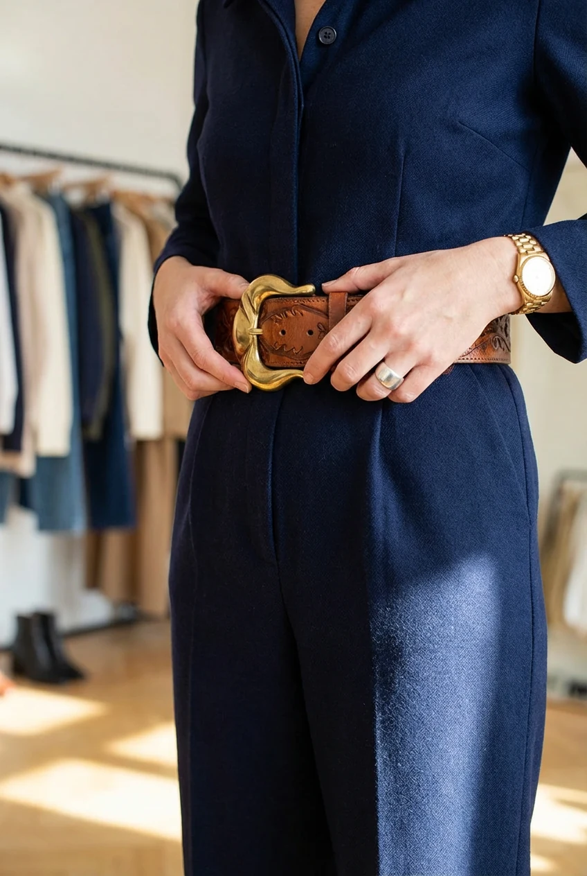 hands adjusting statement belt on tailored jumpsuit