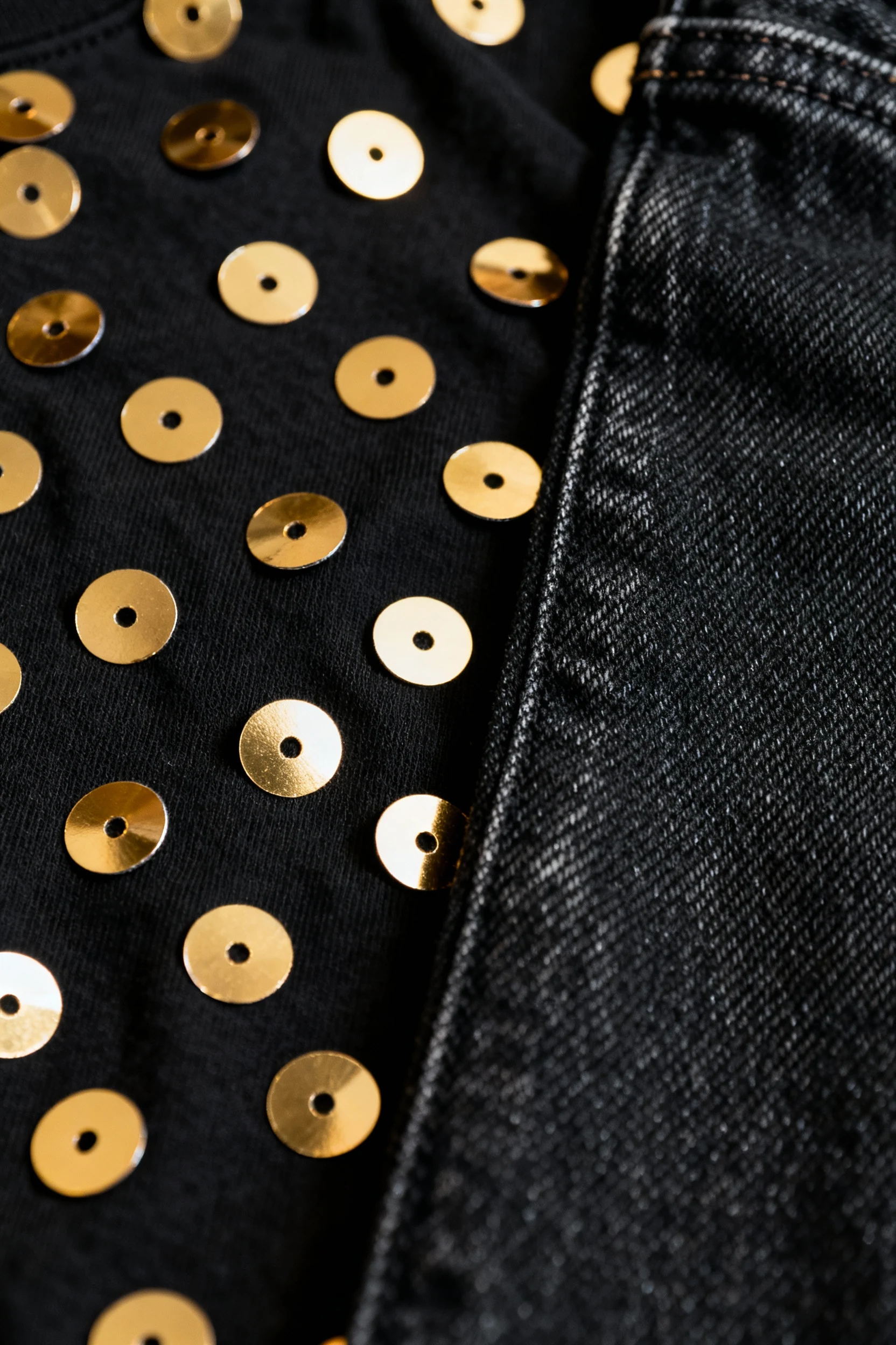 3. Macro sequin tee fabric against black denim texture