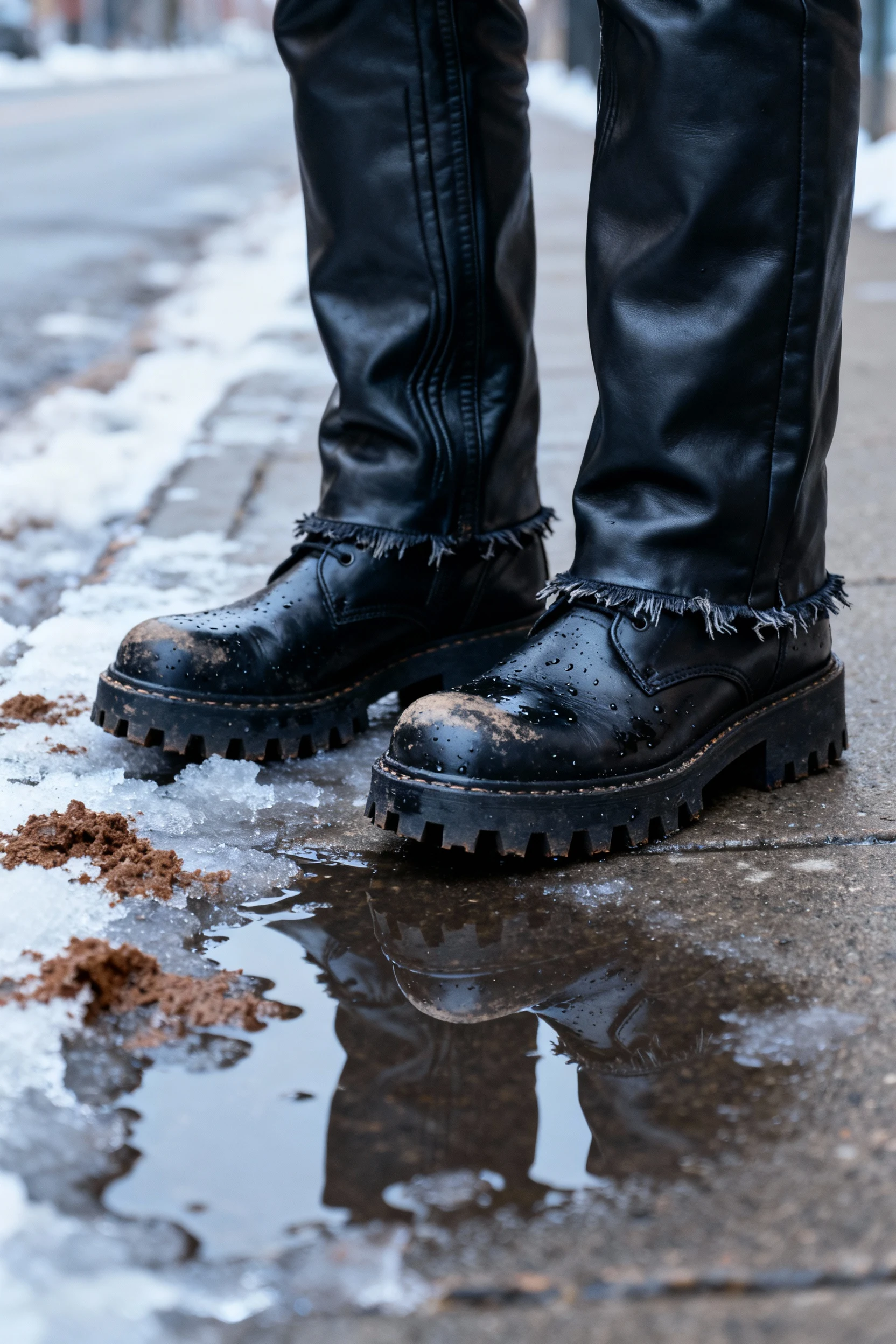 closeup lug-sole black boots, leather pants hem, slushy sidewalk