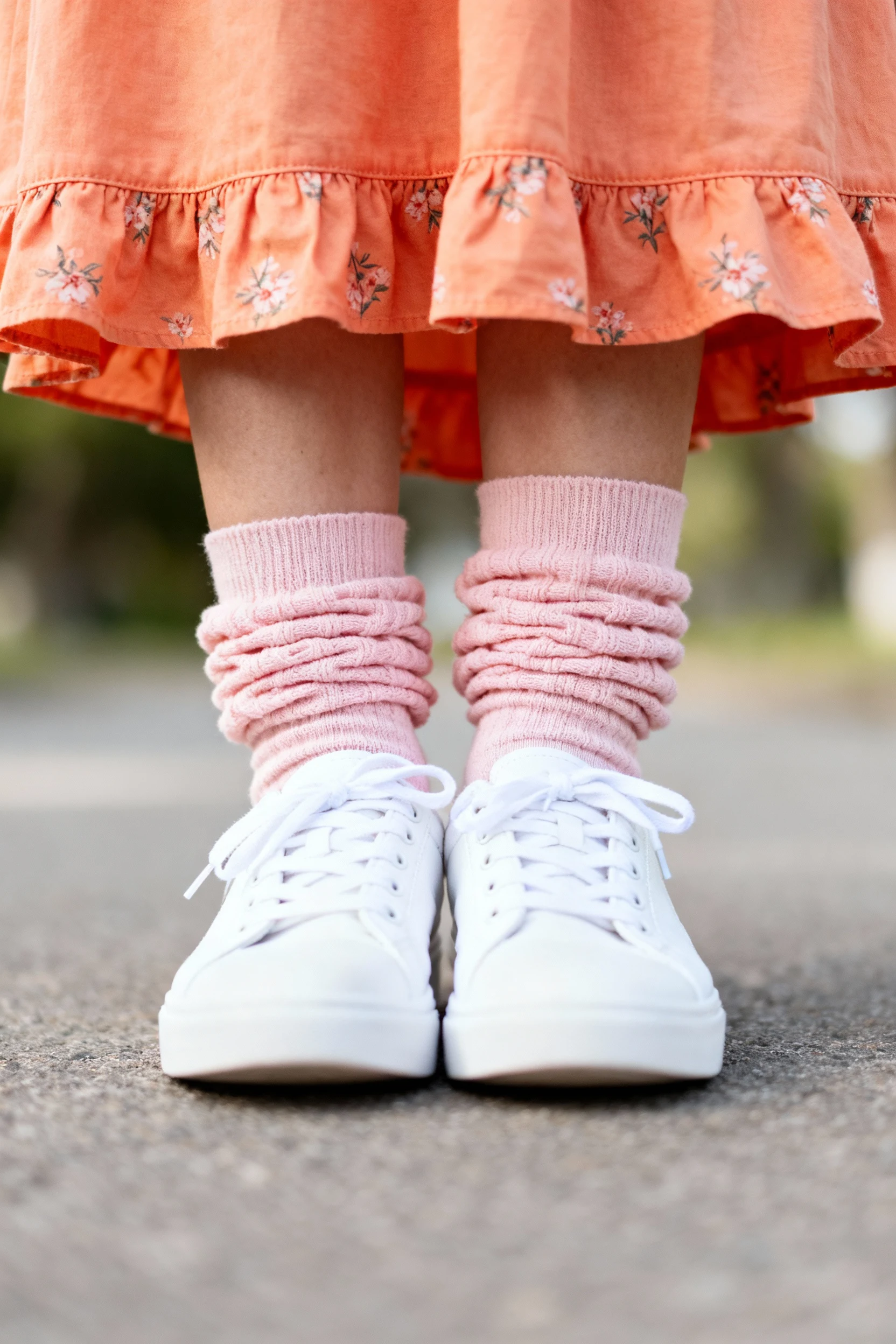 closeup of white sneakers with scrunched socks, tangerine sundress hem