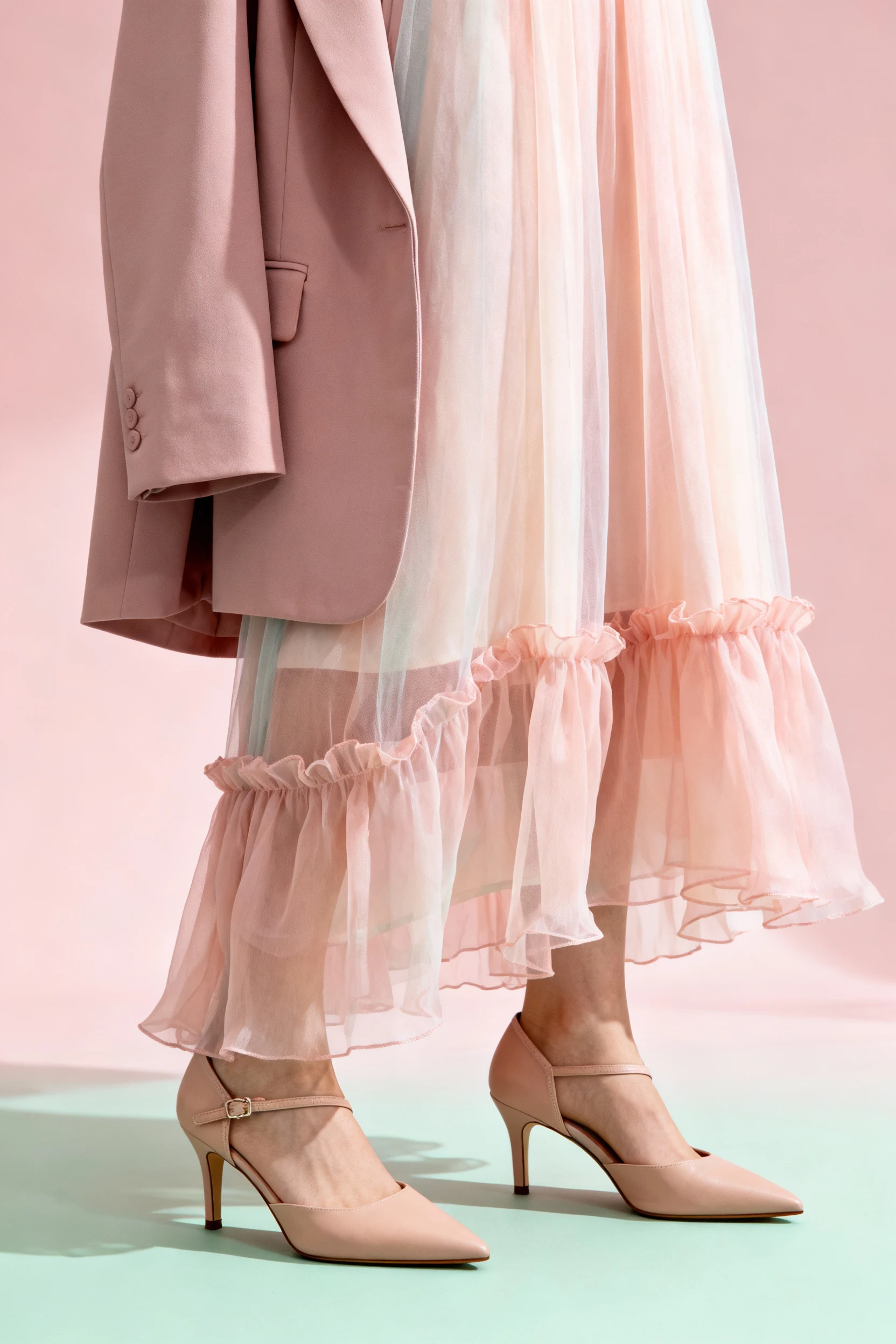 Closeup nude kitten heels, pastel chiffon maxi, blazer draped