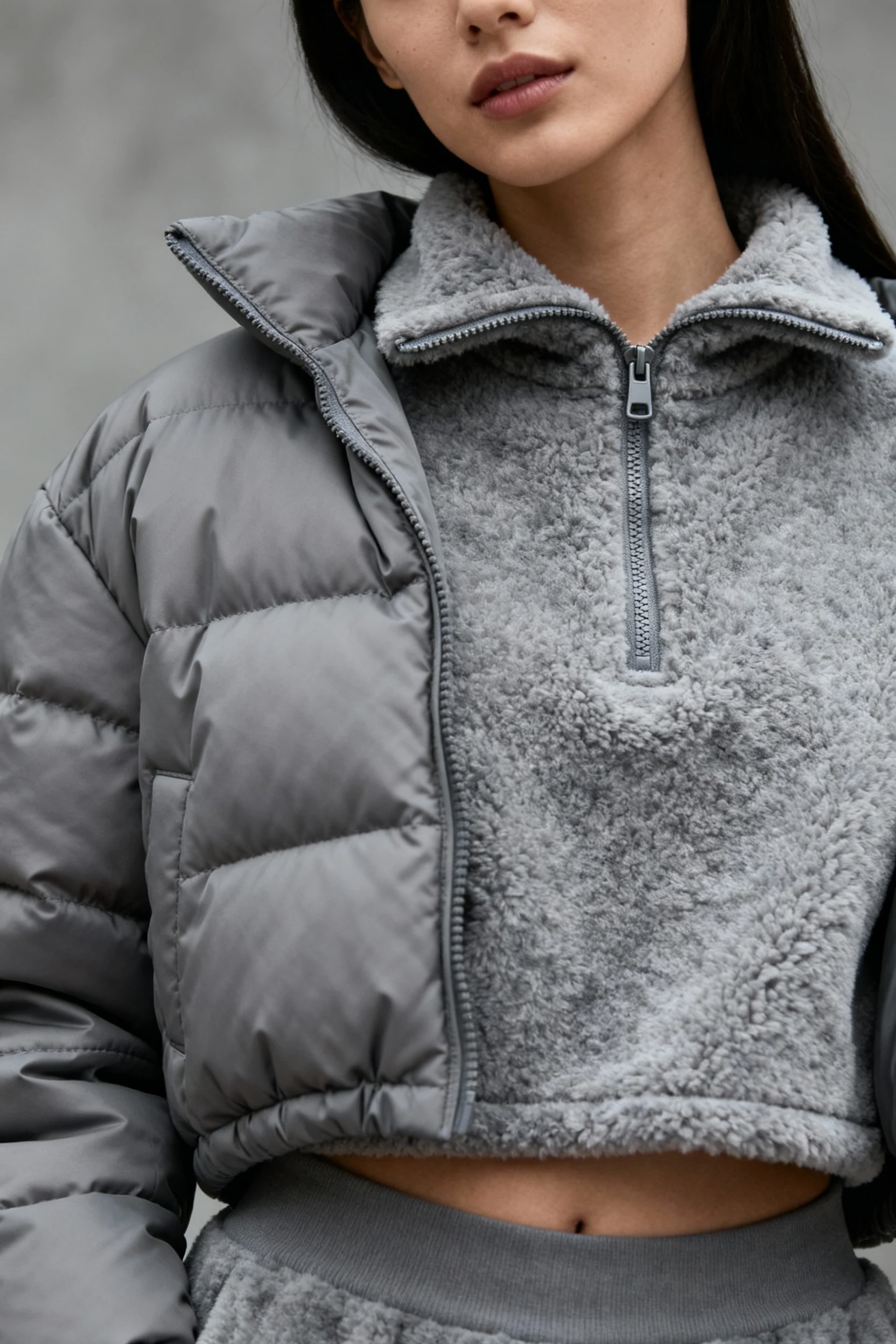 closeup female cropped puffer over fleece half-zip, tonal grays