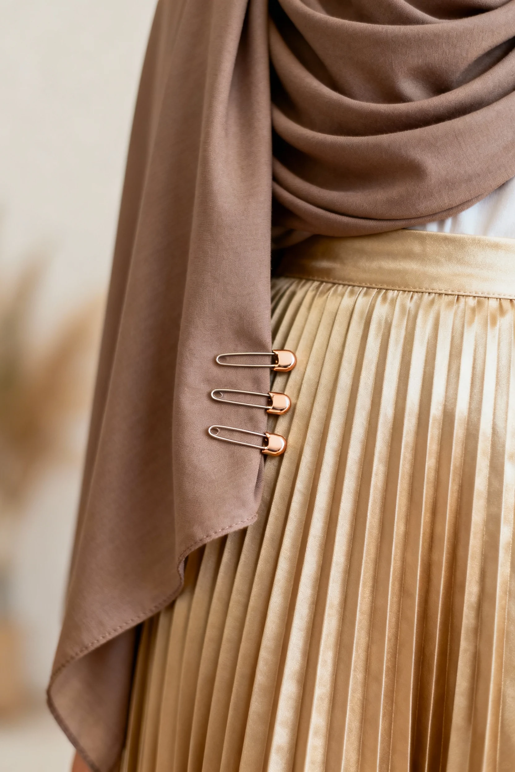 closeup magnetic pins on taupe hijab, champagne pleated skirt