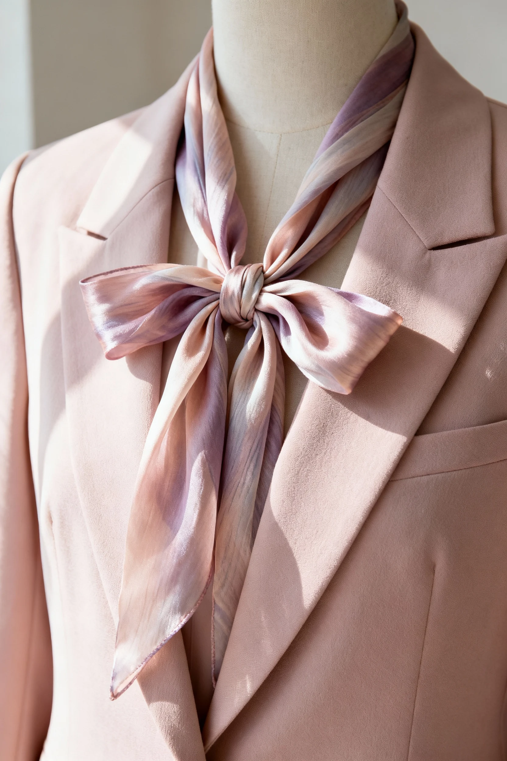 closeup of silk scarf knot on pastel suit