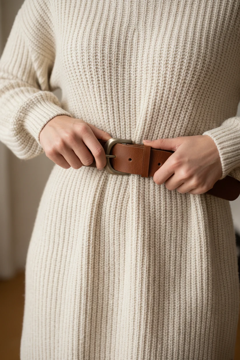 closeup hands cinching wide belt on ribbed sweater dress