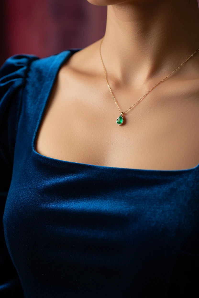 closeup of jewel-tone velvet square-neck dress with delicate pendant necklace