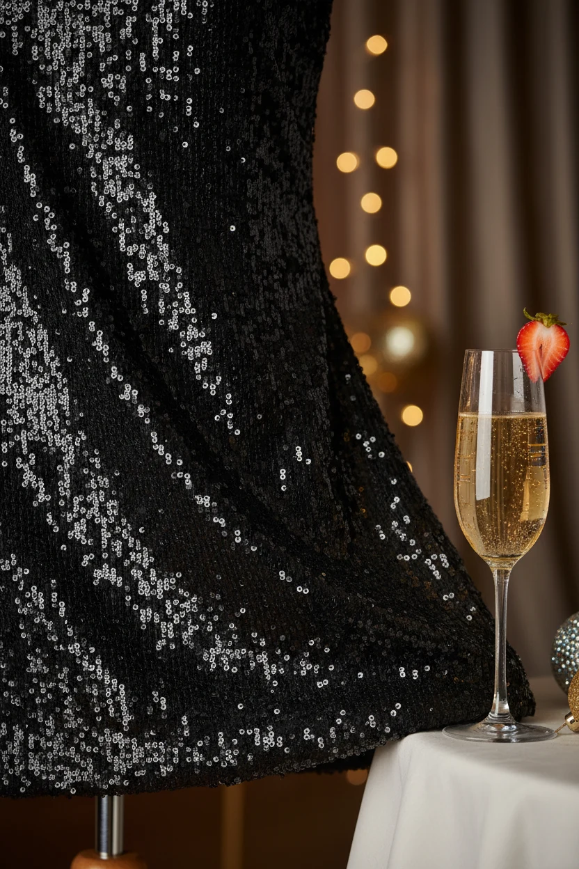 closeup of black sequined shift dress beside champagne glass