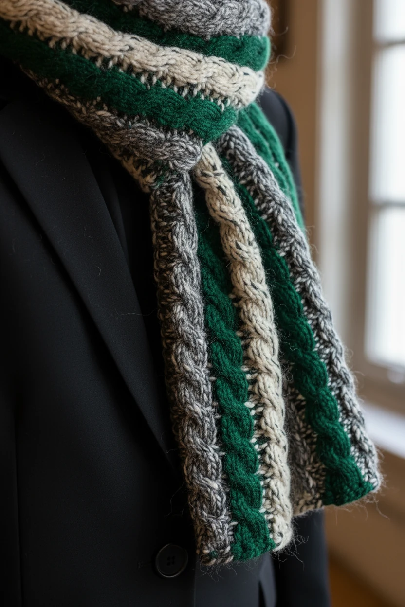 detail shot of thick wool scarf draped over tailored black blazer