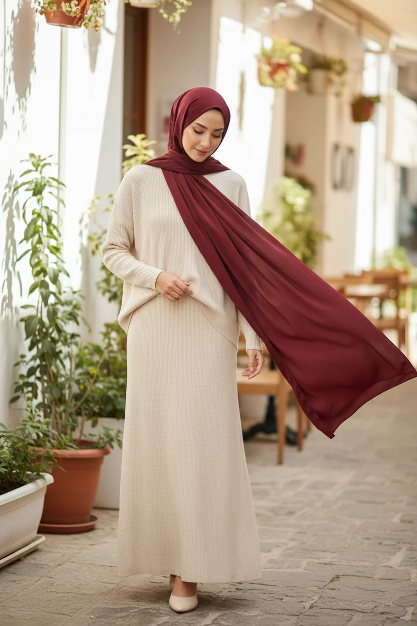 cream knit skirt and top with burgundy hijab draped over shoulder