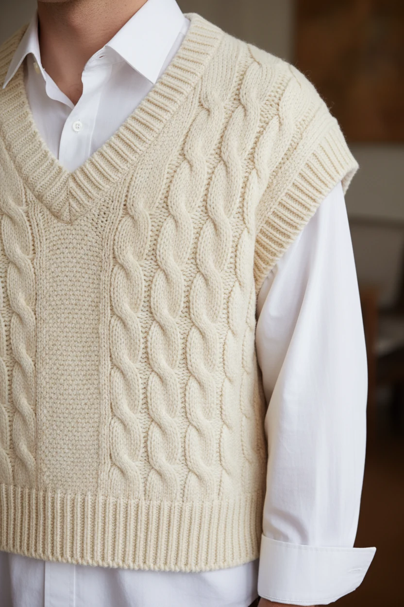 closeup of chunky sweater vest layered over crisp white button-up shirt