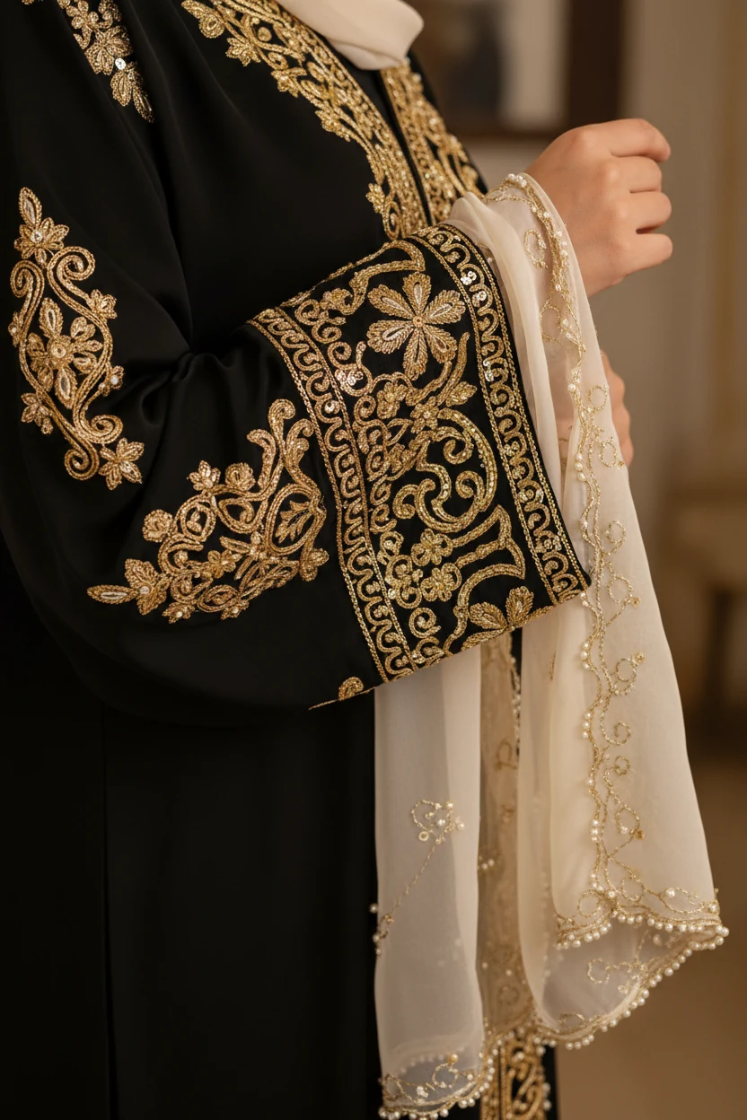 closeup of gold embroidered abaya sleeve with delicate chiffon hijab edge