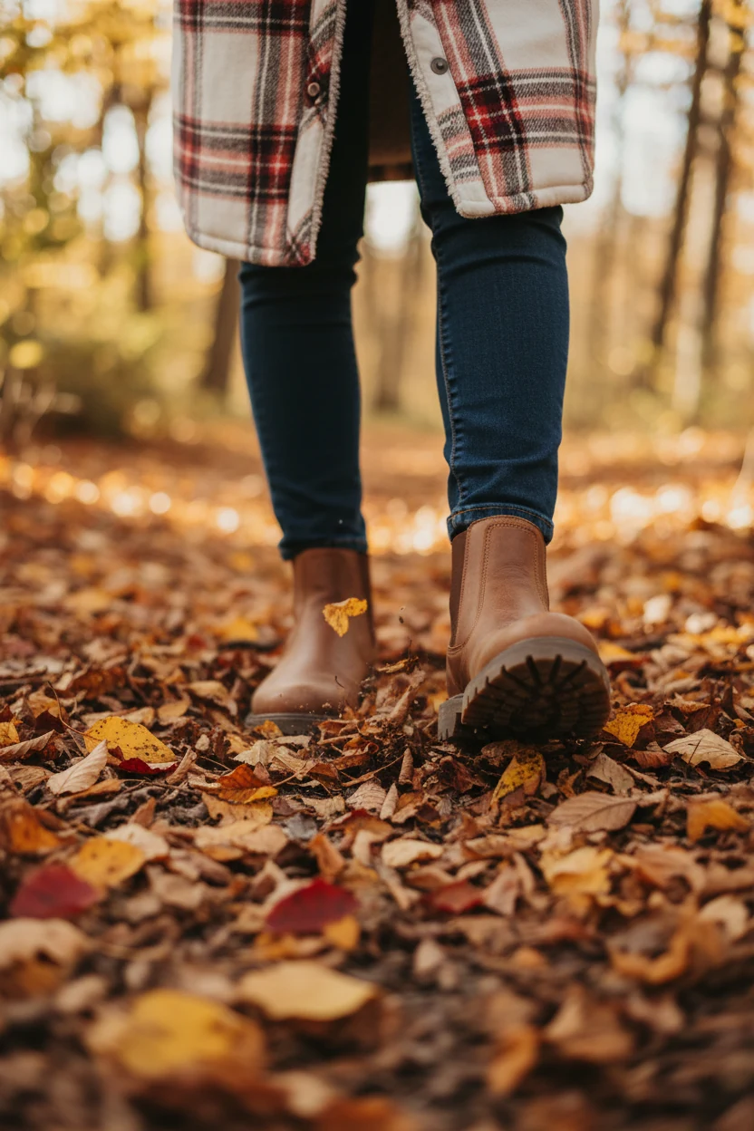 ankle boots stepping on crunchy autumn leaves in plaid shacket