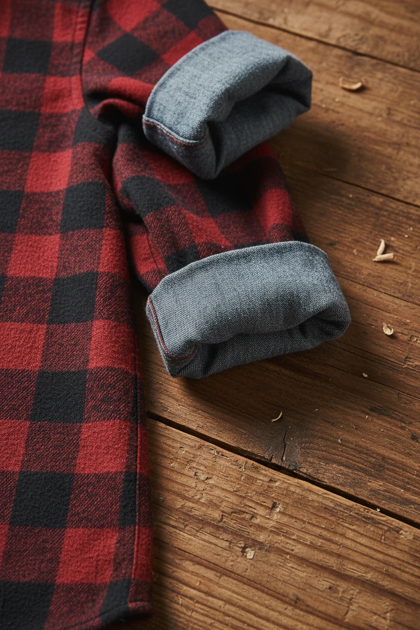 closeup of plaid flannel shirt fabric with rolled sleeves beside rustic wooden table