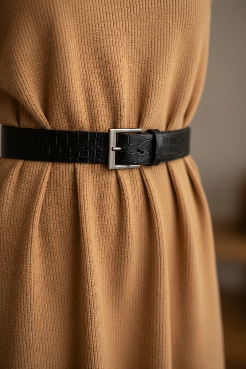 closeup of black leather belt cinching camel knit midi dress