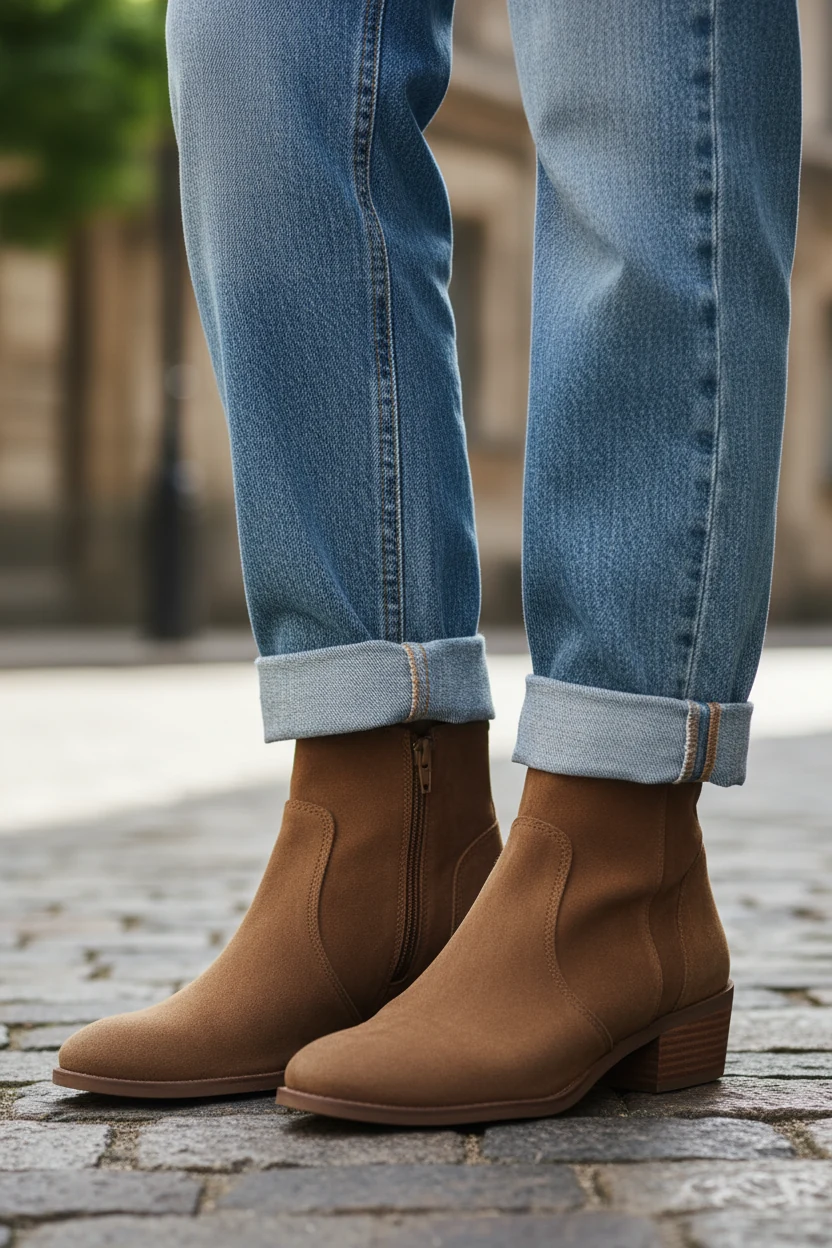 closeup of suede ankle boots with cuffed blue mom jeans