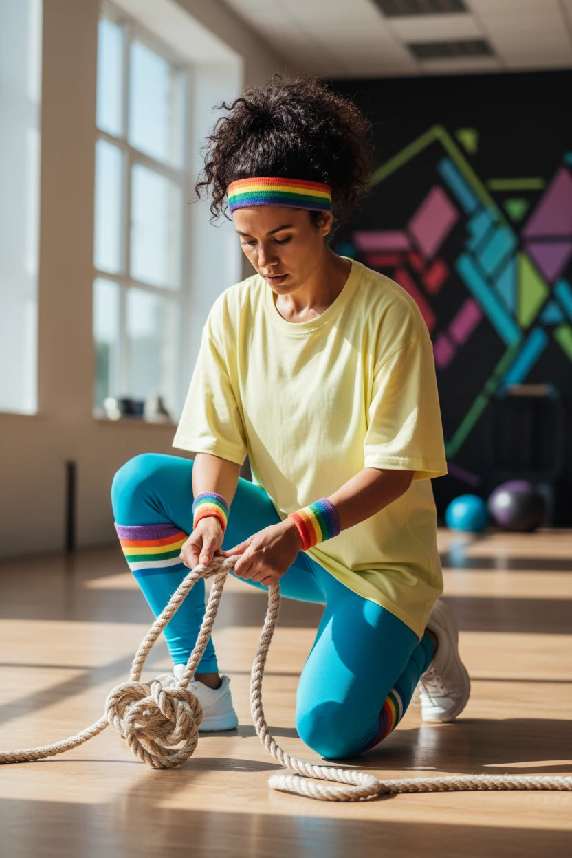 woman tying knot in bright oversized tee over neon leggings with rainbow sweatbands