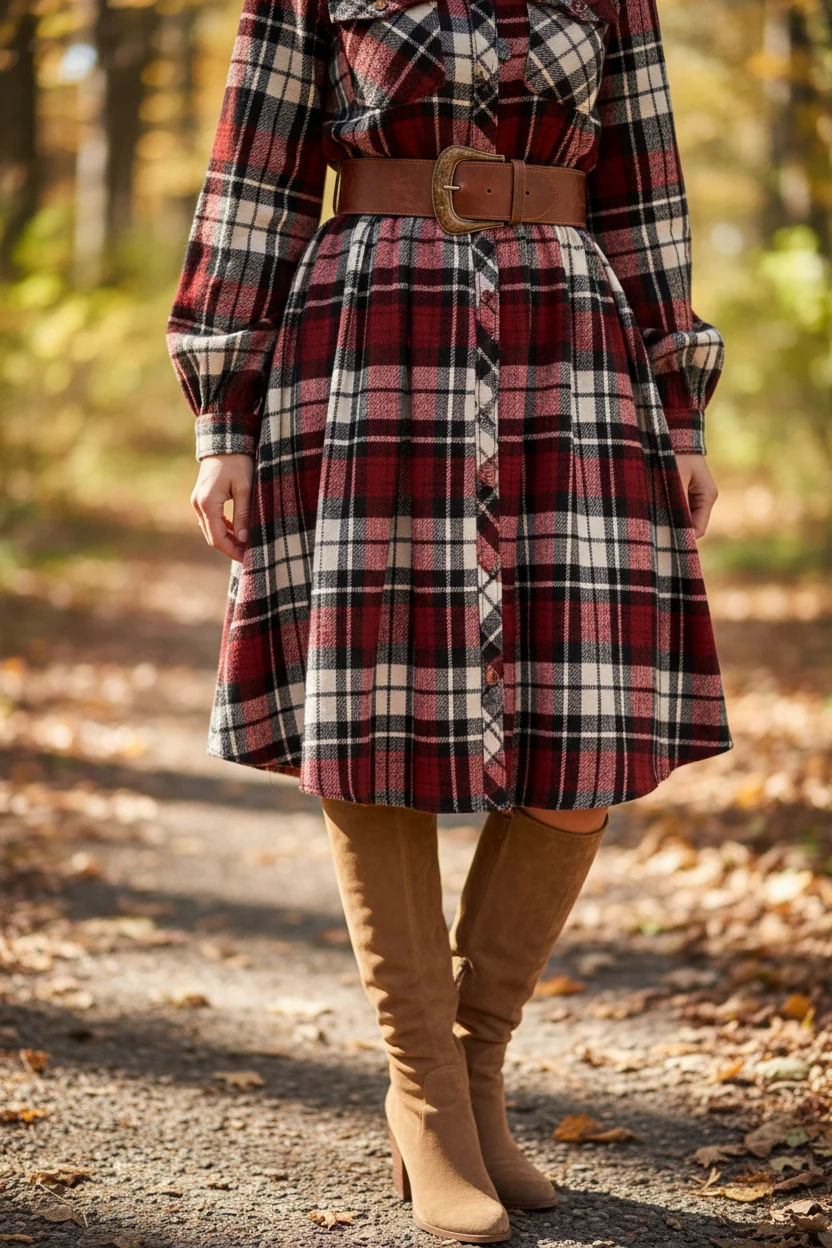 belt cinching plaid shirt dress at waist with tan knee-high suede boots, cropped from shoulders down