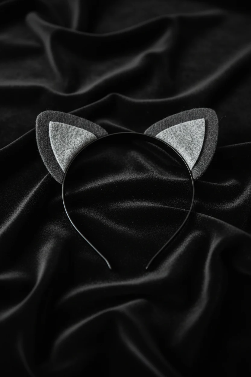 closeup of felt cat ears on black headband placed against soft black fabric