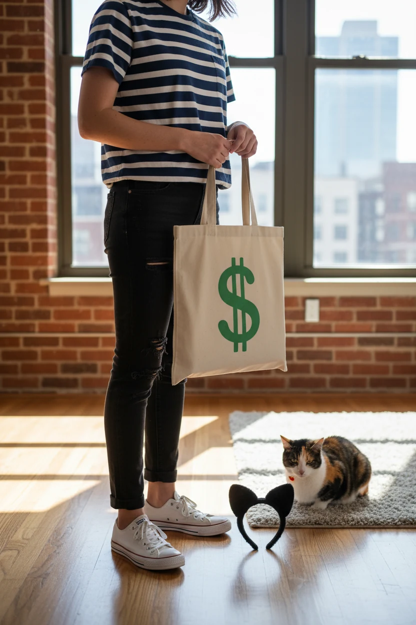striped shirt and black jeans with canvas bag marked by dollar sign beside cat ear headband