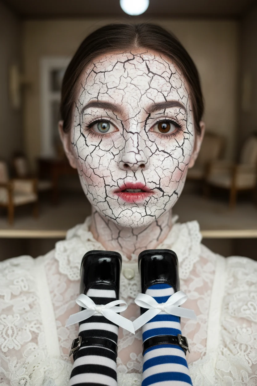 closeup of cracked porcelain doll makeup on female face with knee socks and Mary Jane shoes visible