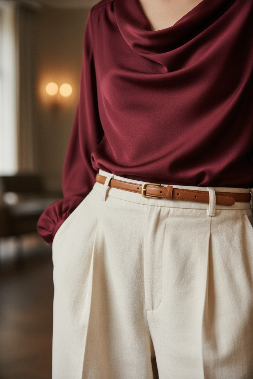 closeup of wine-colored silk blouse tucked into cream wide-leg trousers